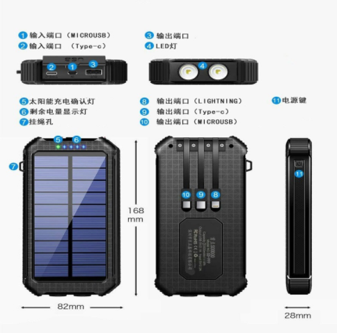 自带线太阳能充电宝20000毫安 手机快充太阳能移动电源图3