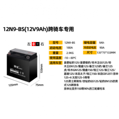 摩托车电瓶12V9A适用男装豪爵银豹铃木太子12N9-BS免维护干电池